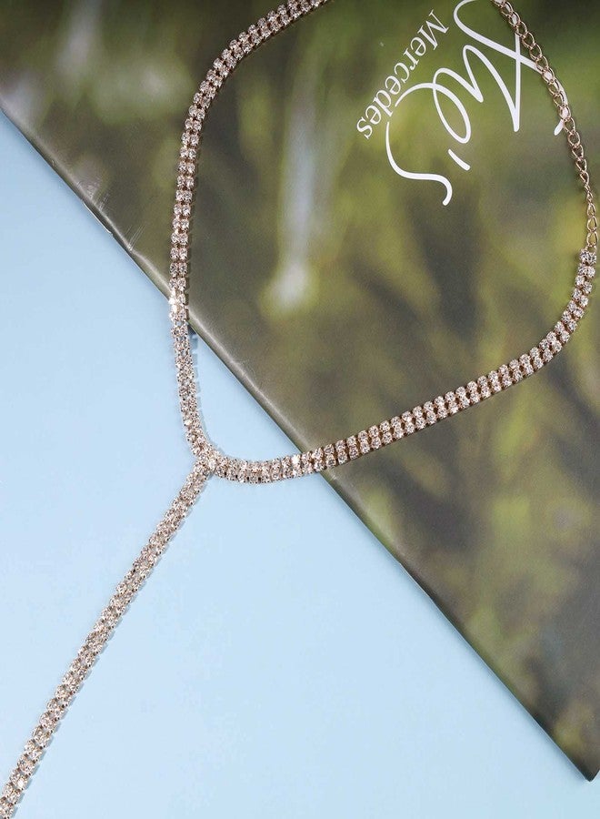 Yheakne Boho Rhinestone Crystal Y Necklace Tennis Chain Y Lariat Necklace Long Gold CZ Drop Chain Necklace Sparkle Party Nightclub Necklace Chain Jewelry for Women (Gold) - Image 4