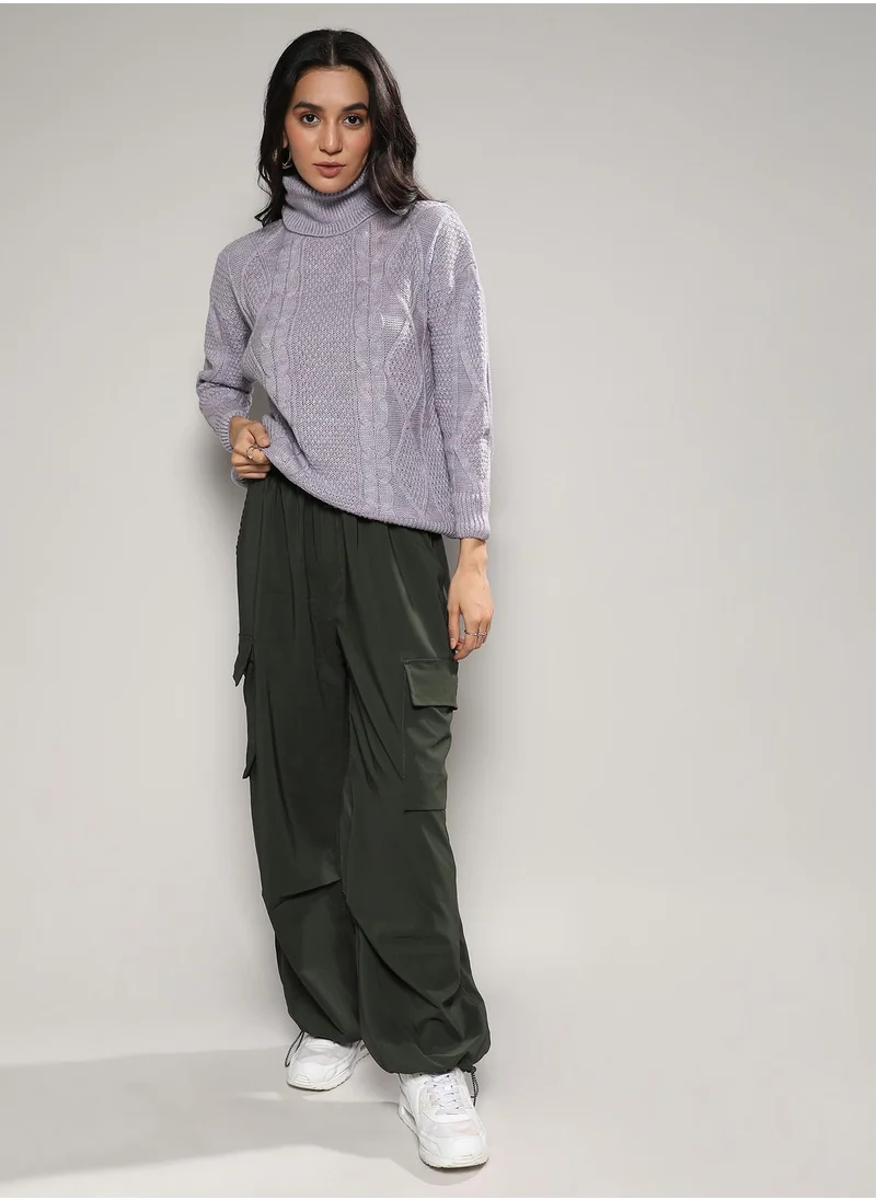 Campus Sutra Women's Moon Grey Cable Knit Sweater