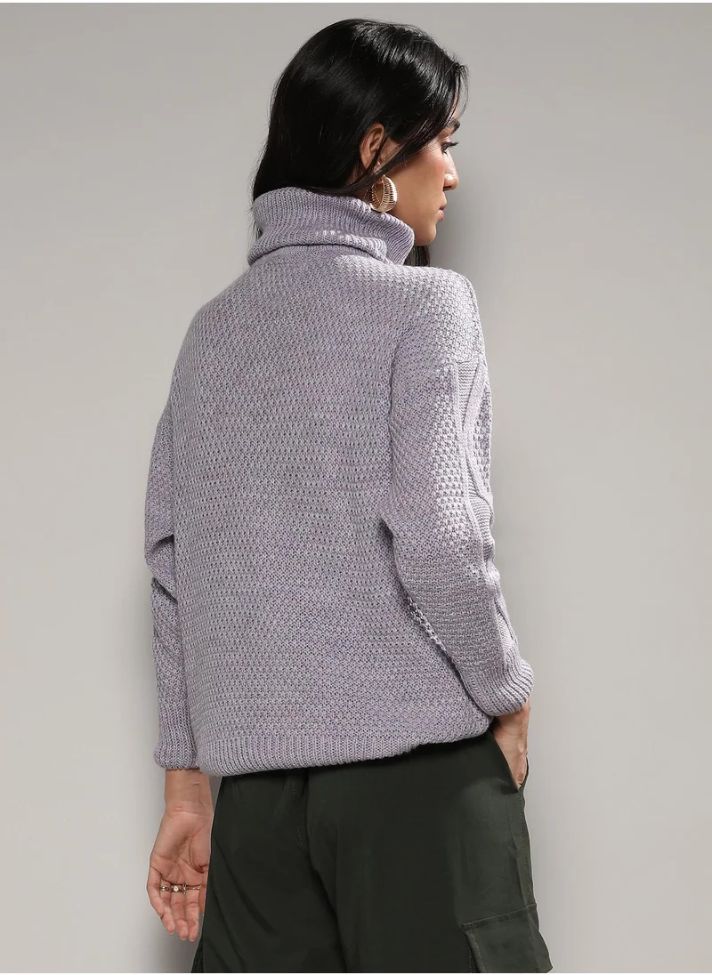 Campus Sutra Women's Moon Grey Cable Knit Sweater