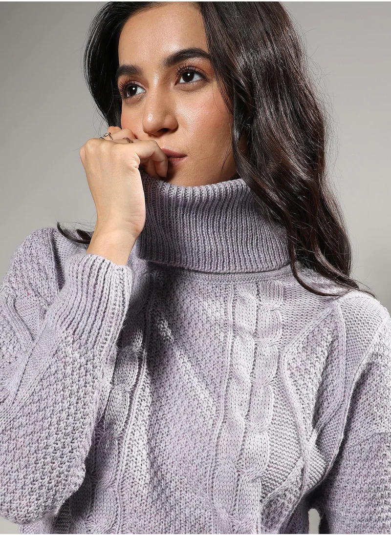 Campus Sutra Women's Moon Grey Cable Knit Sweater