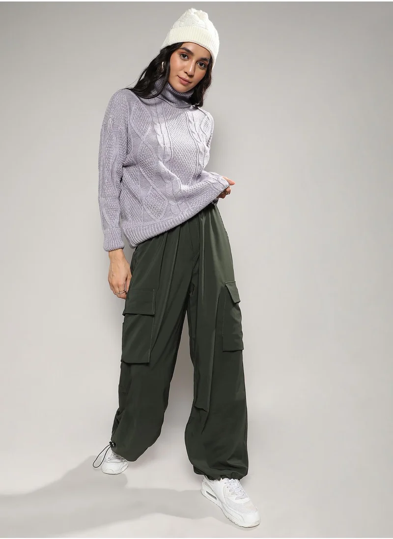 Campus Sutra Women's Moon Grey Cable Knit Sweater