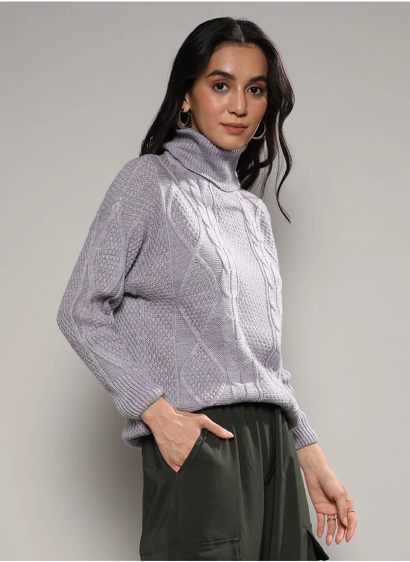 Campus Sutra Women's Moon Grey Cable Knit Sweater