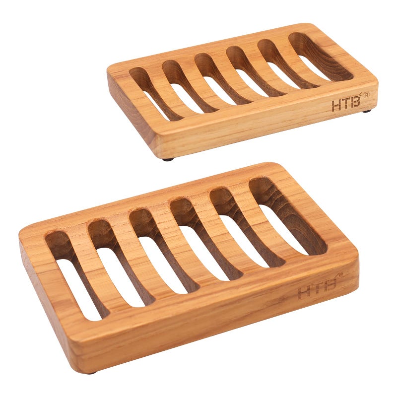 Slotted Soap Dish 2 Pack Teak Wood by HTB Kitchen Wooden Sponge Holder Self Draining Soap Dish for Shower Sink Bathroom Bathtub RV