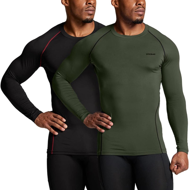 TSLA Men's Thermal Long Sleeve Compression Shirts, Athletic Base Layer Top, Winter Gear Running T-Shirt, Heat Core 2pack Black & Red/Olive, Large - Image 2
