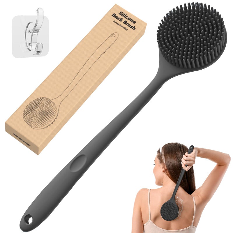 Manmihealth Silicone Back Scrubber for Shower(Thick Bristles), Body Scrubber with 15'' Long Handle, Light & Easy-to-Hold Shower Brush for Skin Exfoliating and Massaging, Not Good in Lathering.(Black) - Image 1
