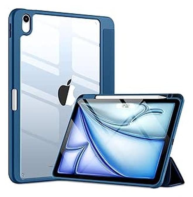 جراب iPad Air من الجيل السادس، تصميم مبتكر، جراب iPad Air مقاس 11 بوصة، شاشة كاملة، غطاء شفاف، متوافق مع قلم Apple Pencil 2، شحن لاسلكي، حامل ثلاثي الطيات، خاصية التشغيل/الإيقاف التلقائي، لون أزرق - Image 1