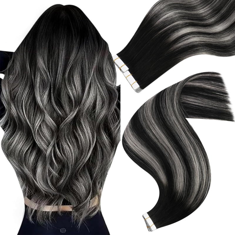 Easyouth Tape in Hair Extensions Human Hair Ombre Hair Extensions Tape in Real Hair Black to Silver Balayage Tape in Human Hair Extensions Silky 14 Inch 40g 20Pcs