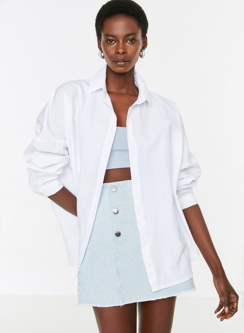 قميص قطن إكروا واسع مقاس كبير منسوج