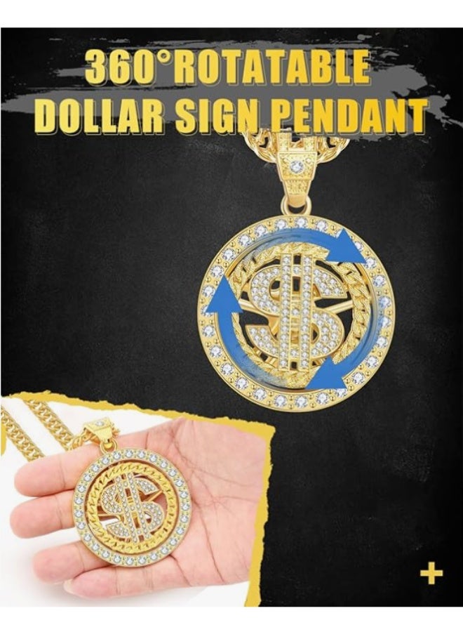سلسلة عنق ذهبية مع رمز الدولار، قلادة هيب هوب للرجال، 30 بوصة (قابلة للدوران) - Image 2