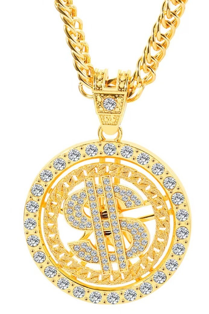 سلسلة عنق ذهبية مع رمز الدولار، قلادة هيب هوب للرجال، 30 بوصة (قابلة للدوران) - Image 1