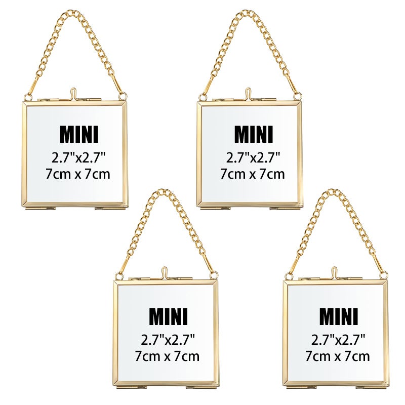 JUXYES Set of 4 Mini Brass Wall Hanging Photo Frame  Square Glass Hanging Picture Artwork Display Frame  Double Glass Floating Frame Style Gallery Wall Frame for Picture  Pressed Flower  etc - Image 1