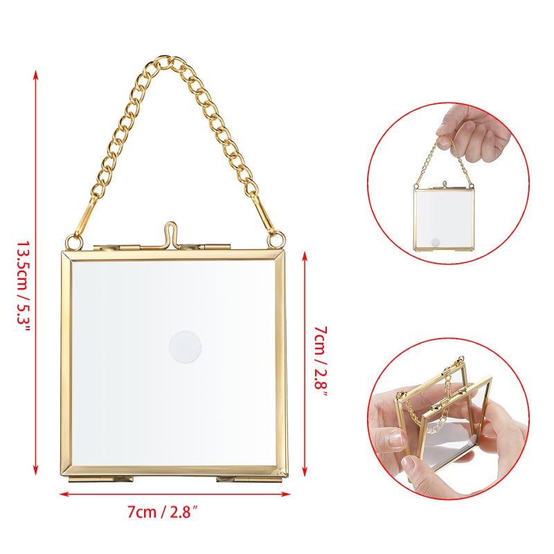 JUXYES Set of 4 Mini Brass Wall Hanging Photo Frame  Square Glass Hanging Picture Artwork Display Frame  Double Glass Floating Frame Style Gallery Wall Frame for Picture  Pressed Flower  etc - Image 2