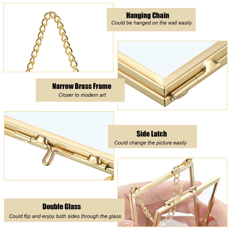JUXYES Set of 4 Mini Brass Wall Hanging Photo Frame  Square Glass Hanging Picture Artwork Display Frame  Double Glass Floating Frame Style Gallery Wall Frame for Picture  Pressed Flower  etc - Image 3