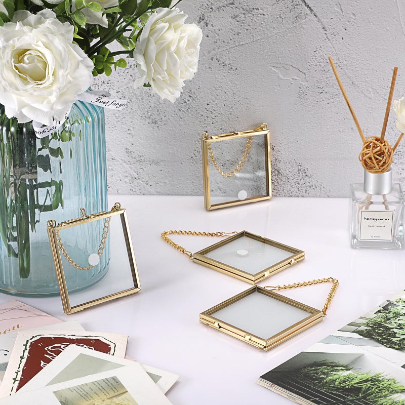 JUXYES Set of 4 Mini Brass Wall Hanging Photo Frame  Square Glass Hanging Picture Artwork Display Frame  Double Glass Floating Frame Style Gallery Wall Frame for Picture  Pressed Flower  etc - Image 4