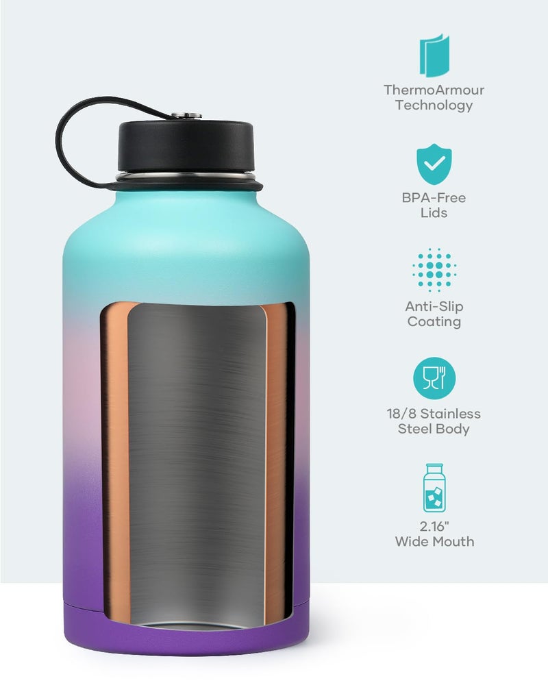 BUZIO 64oz Insulated Water Bottle Stainless Steel Double Wall Leak Proof Half Gallon with Straw Lid and Flex Cap (Cold for 48 Hrs) Sports Flask Metal Travel Mug for Hiking Cycling, Hydrangea - Image 4