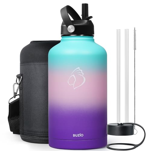 BUZIO 64oz Insulated Water Bottle Stainless Steel Double Wall Leak Proof Half Gallon with Straw Lid and Flex Cap (Cold for 48 Hrs) Sports Flask Metal Travel Mug for Hiking Cycling, Hydrangea - Image 1