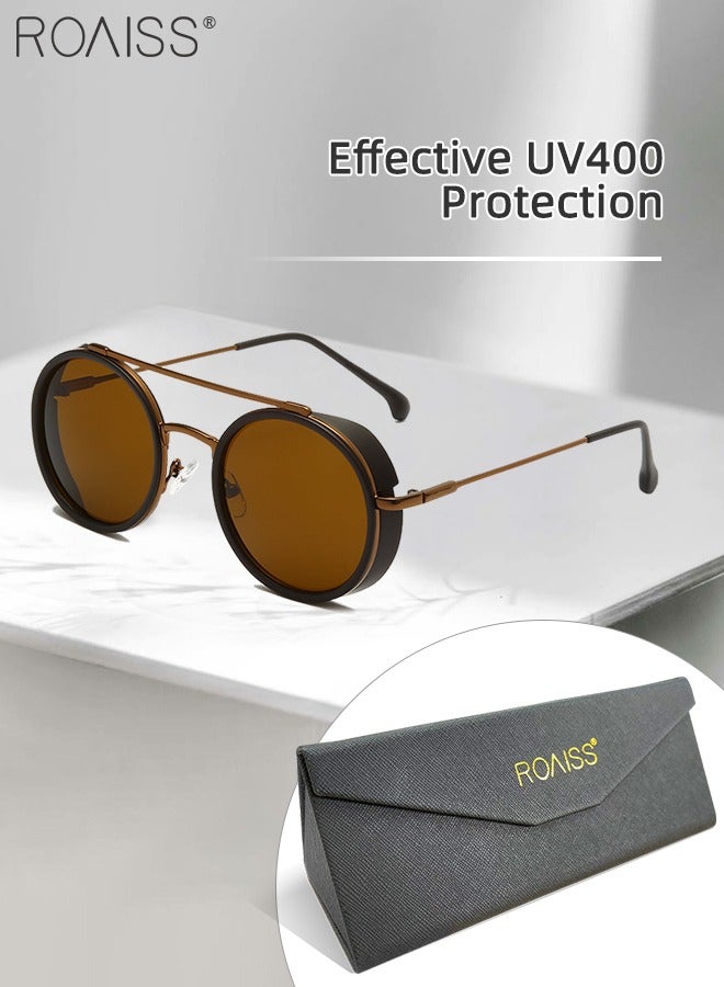 رويس نظارة شمسية دائرية رجالية، نظارة الشمس الواقية من الأشعة فوق البنفسجية 400 بإطار من السبيكة، ظلال شمس مضادة للوهج عصرية للرجال مناسبة للقيادة وصيد الأسماك والسفر، بعدسة بنية - Image 1