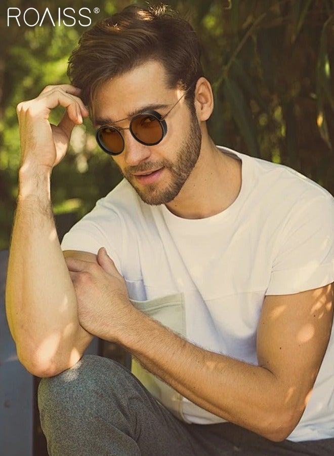 رويس نظارة شمسية دائرية رجالية، نظارة الشمس الواقية من الأشعة فوق البنفسجية 400 بإطار من السبيكة، ظلال شمس مضادة للوهج عصرية للرجال مناسبة للقيادة وصيد الأسماك والسفر، بعدسة بنية - Image 2
