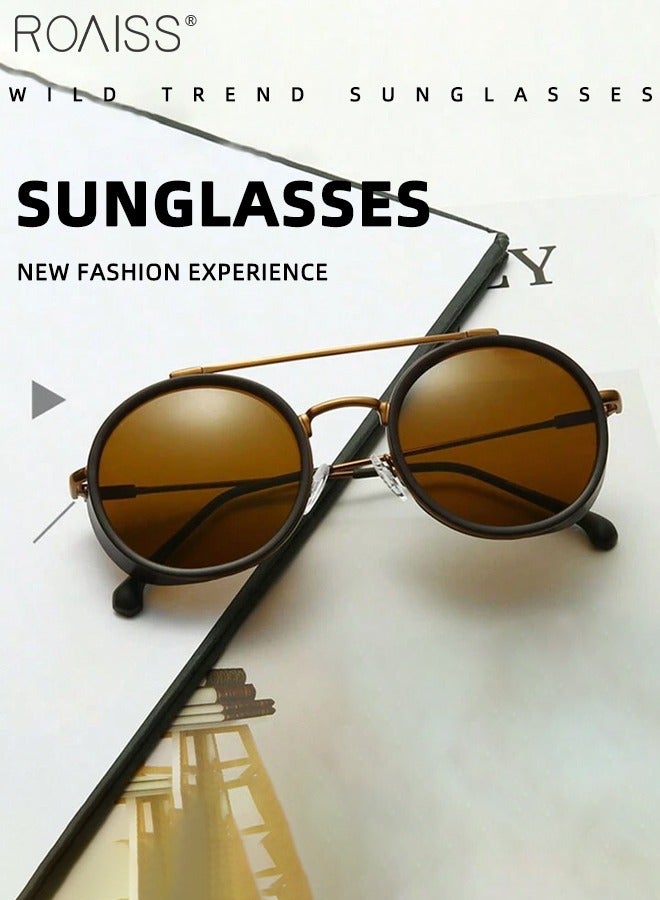 رويس نظارة شمسية دائرية رجالية، نظارة الشمس الواقية من الأشعة فوق البنفسجية 400 بإطار من السبيكة، ظلال شمس مضادة للوهج عصرية للرجال مناسبة للقيادة وصيد الأسماك والسفر، بعدسة بنية - Image 3