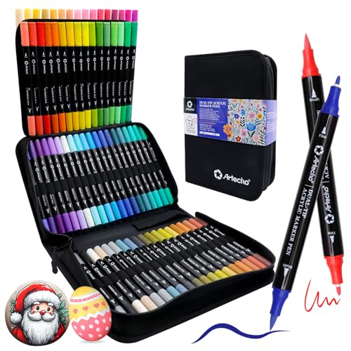 Artecho Acrylic Paint Markers 72 Colors with Bag Acrylic Paint Pens with Brush Tip and Fine Tip for Stone Rock Painting Paper Pumpkin Wood Egg Canvas Ceramic Fabric leather Glass - Image 1