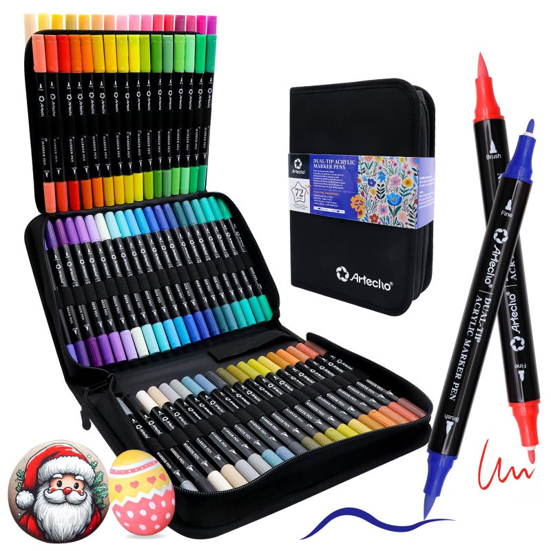 Artecho Acrylic Paint Markers 72 Colors with Bag Acrylic Paint Pens with Brush Tip and Fine Tip for Stone Rock Painting Paper Pumpkin Wood Egg Canvas Ceramic Fabric leather Glass - Image 2