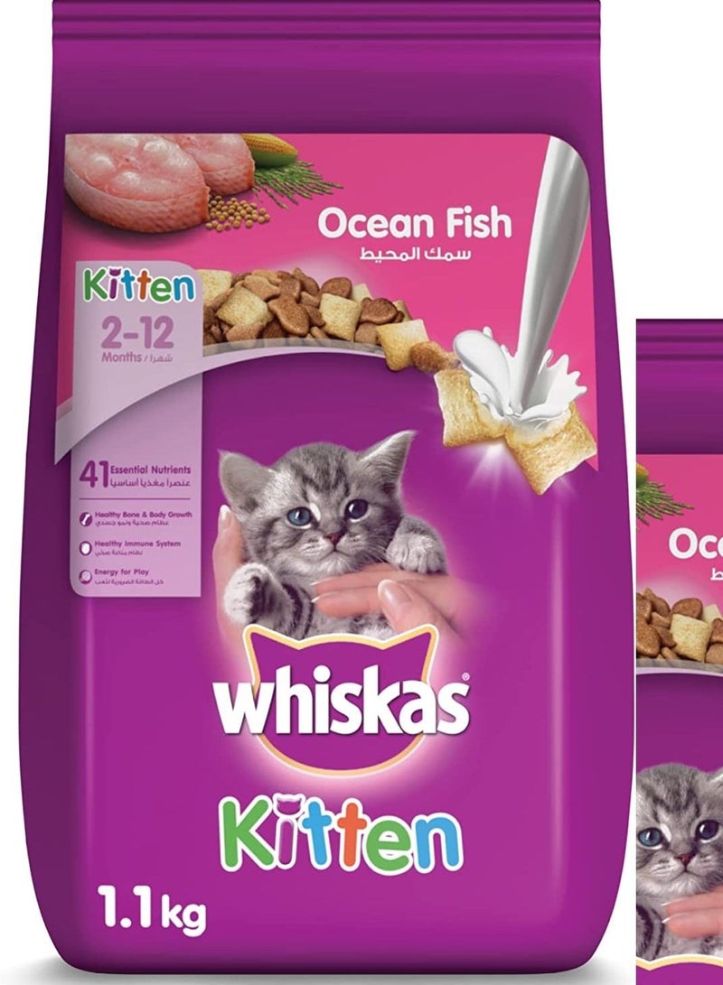 ويسكاس طعام القطط بنكهة سمك المحيط مع الحليب المجفف للقطط التي تتراوح أعمارهم بين 2-12 شهرًا