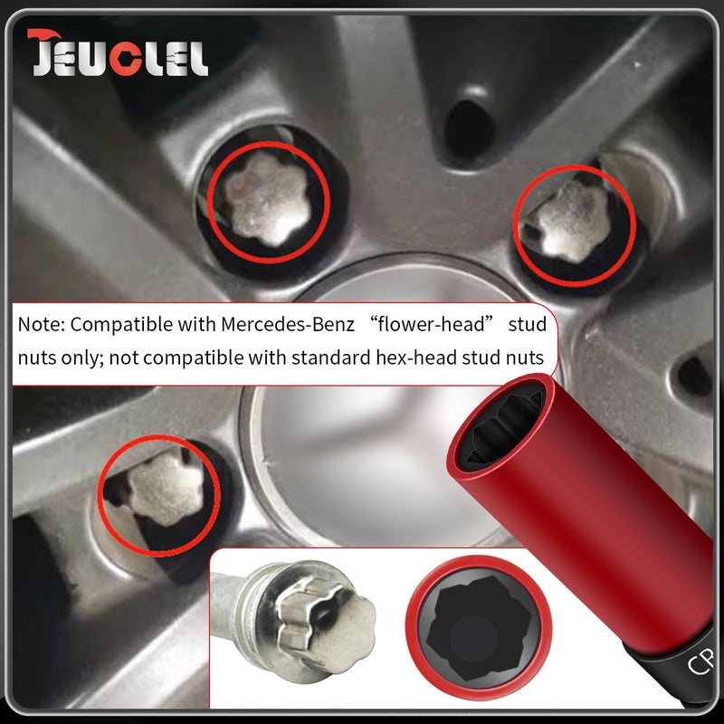 JEUCLEL مقبس إزالة صامولة قفل العجلة مقاس 17 مم متوافق مع مرسيدس بنز الفئة S W221، مستخرج صامولة العجلة الواقي من السرقة بمحرك 1/2 بوصة، تصميم رأس الزهرة، مفتاح جلبة صامولة العجلة المعدني - Image 5