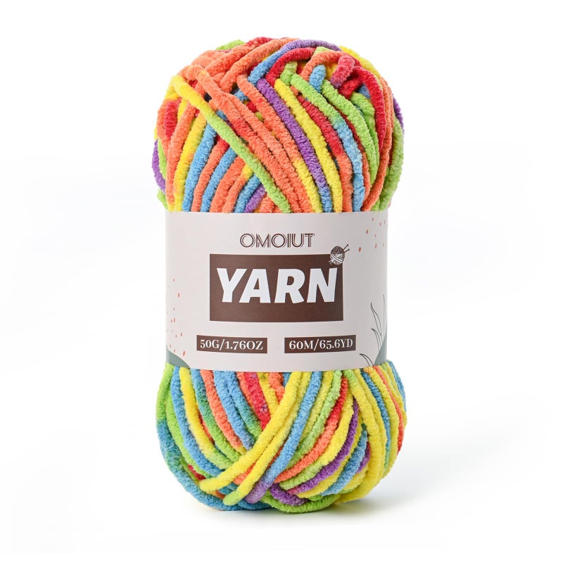 OMoiut Plush Chenille Chunky Crochet - Baby Crochet Yarn Soft Velvet for Knitting Blankets Crafts - Fluffy Amigurumi Yarn 50g / 65.6yd (Rainbow) - Image 1