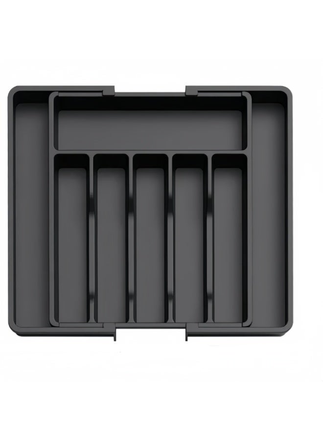 Universal Expandable Silverware Drawer Organizer - Large Adjustable Utensil Tray & BPA-Free Cutlery Holder for Spoons, Forks, Knives, Plastic Kitchen Storage (33-57x38x5cm, Black) - Image 1