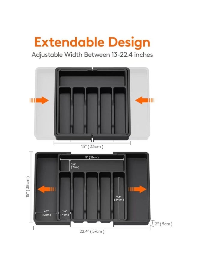 Universal Expandable Silverware Drawer Organizer - Large Adjustable Utensil Tray & BPA-Free Cutlery Holder for Spoons, Forks, Knives, Plastic Kitchen Storage (33-57x38x5cm, Black) - Image 2