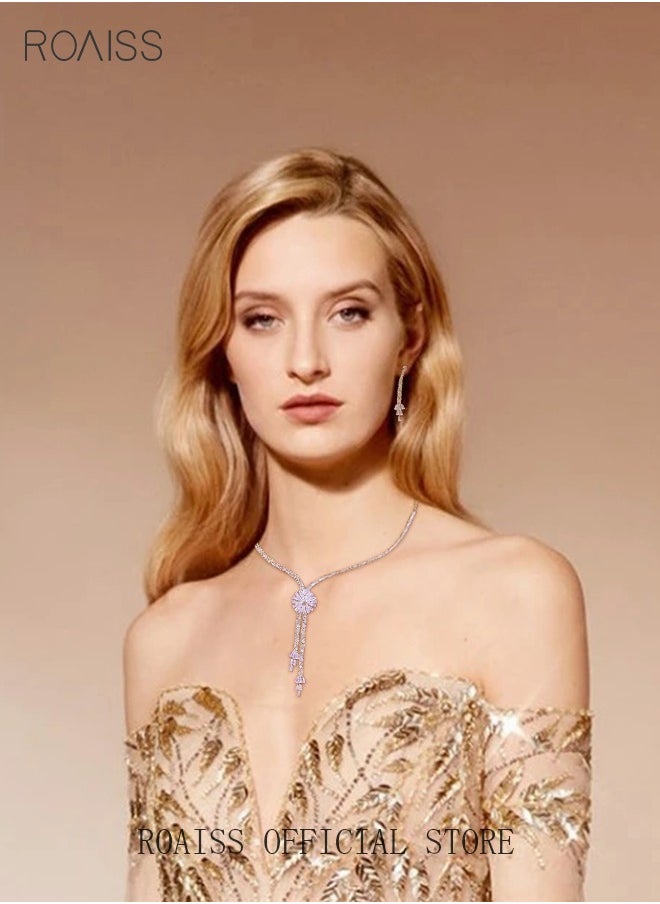 roaiss 5Pcs Rhinestone Jewelry Set Stylish Elegant Floral Necklace Zircon Earrings Pendant Bracelet Ring Chic Gift for Women Ladies Mother Wife Wedding Party Sliver  - Image 4