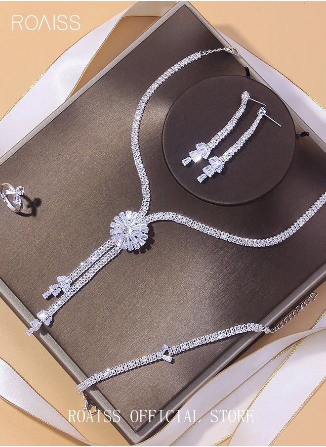 roaiss 5Pcs Rhinestone Jewelry Set Stylish Elegant Floral Necklace Zircon Earrings Pendant Bracelet Ring Chic Gift for Women Ladies Mother Wife Wedding Party Sliver  - Image 5