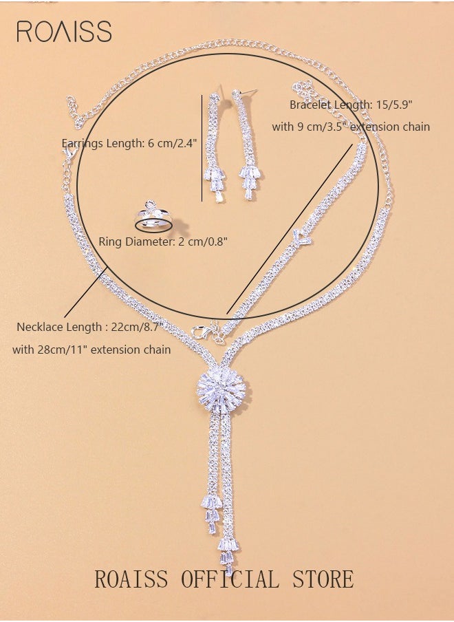 roaiss 5Pcs Rhinestone Jewelry Set Stylish Elegant Floral Necklace Zircon Earrings Pendant Bracelet Ring Chic Gift for Women Ladies Mother Wife Wedding Party Sliver  - Image 2