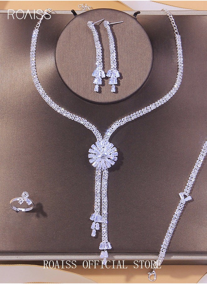 roaiss 5Pcs Rhinestone Jewelry Set Stylish Elegant Floral Necklace Zircon Earrings Pendant Bracelet Ring Chic Gift for Women Ladies Mother Wife Wedding Party Sliver  - Image 1