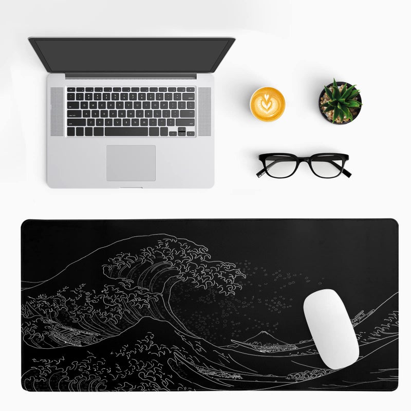 Brecoy Japanese Sea Wave Large Mouse Pad, Anime Black Gaming, Extended Kanagawa Mat Desk Pad, 3mm Thick Long Non-Slip Rubber Base Mice Pad, 31.5 X 11.8 Inch - Image 3
