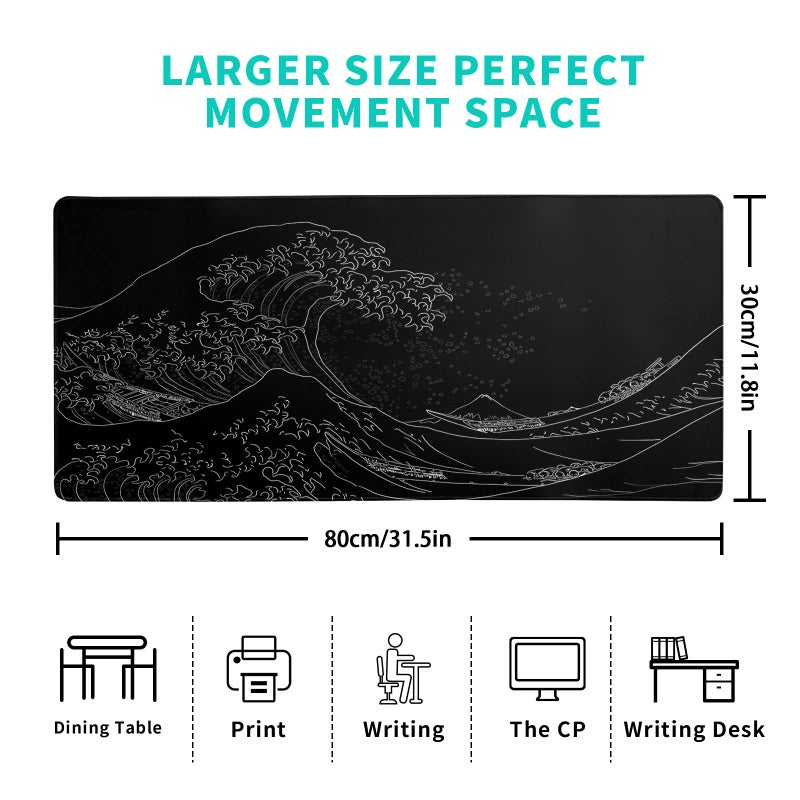 Brecoy Japanese Sea Wave Large Mouse Pad, Anime Black Gaming, Extended Kanagawa Mat Desk Pad, 3mm Thick Long Non-Slip Rubber Base Mice Pad, 31.5 X 11.8 Inch - Image 2