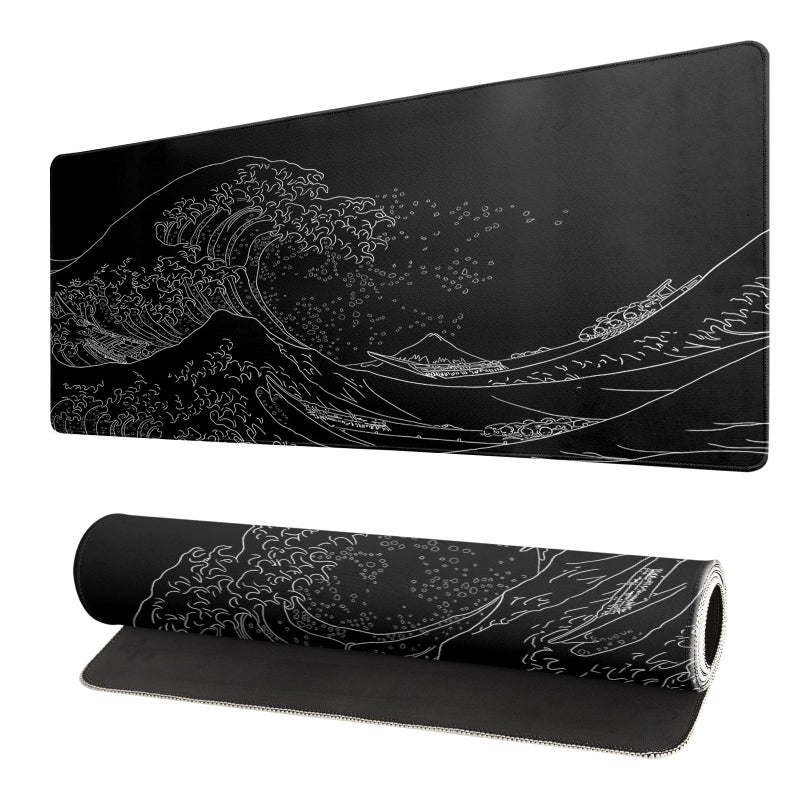 Brecoy Japanese Sea Wave Large Mouse Pad, Anime Black Gaming, Extended Kanagawa Mat Desk Pad, 3mm Thick Long Non-Slip Rubber Base Mice Pad, 31.5 X 11.8 Inch - Image 1