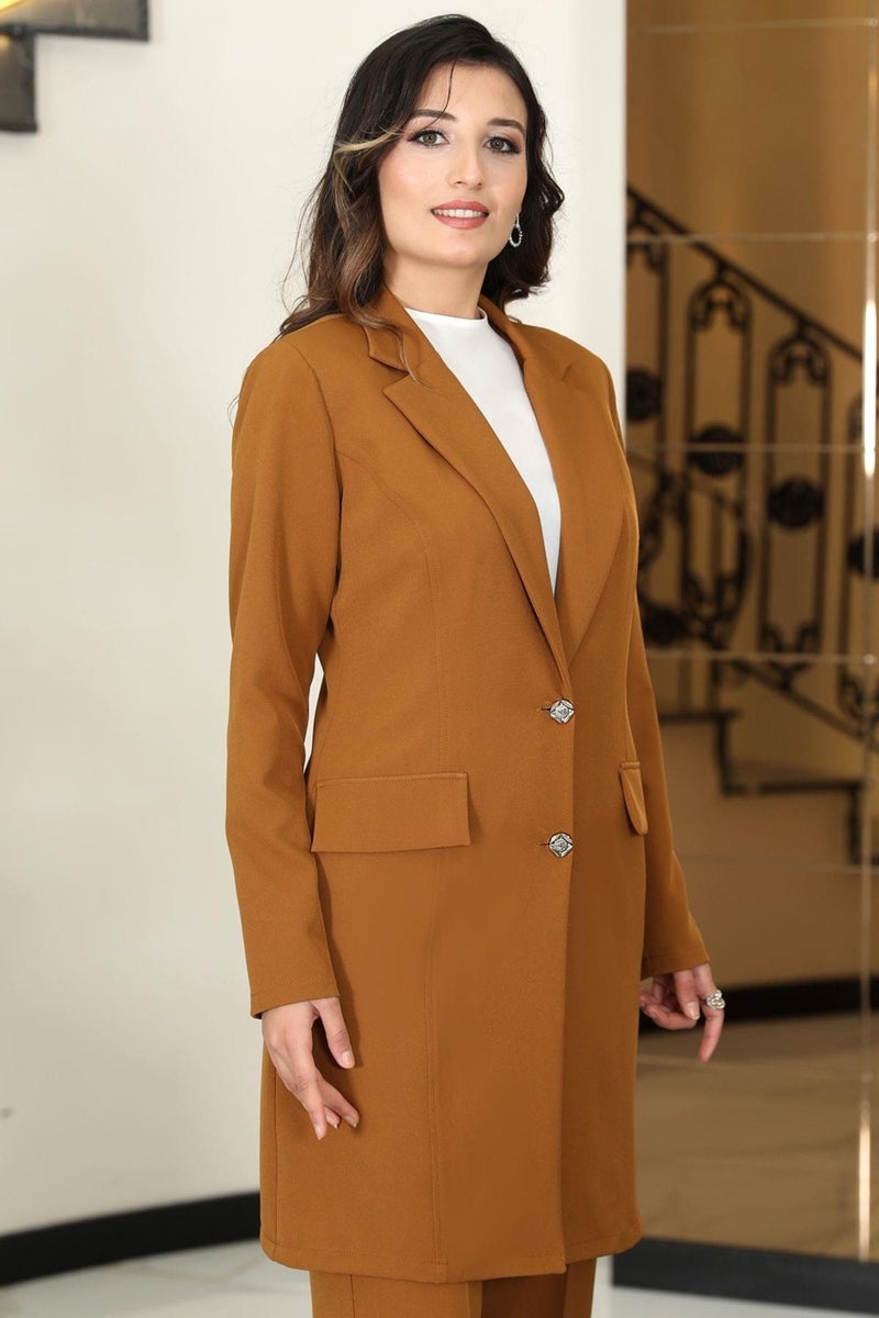 Esilanur Parla Long Jacket Trousers Two Piece Hijab Suit Tan - Image 2