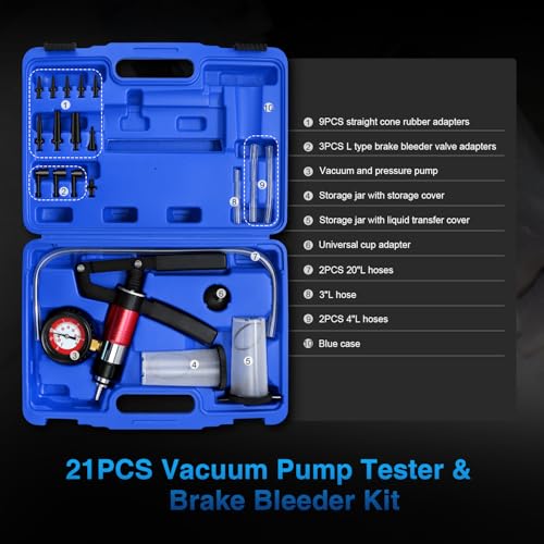 YSTOOL Hand Held Vacuum and Pressure Pump Brake Clutch Fluid Bleeder Tool Kit Oil Change Power Steering Fluid Bleeding Set with Pressure Gauge Jar Adapters for Auto Car Truck Motorcycle Use Blue Case - Image 3