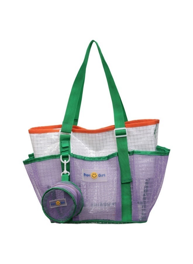 Color-Block Mesh Beach Bag, Large Capacity Travel Swimming Shoulder Tote with Pouch - Image 1