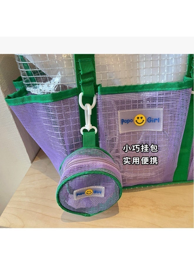 Color-Block Mesh Beach Bag, Large Capacity Travel Swimming Shoulder Tote with Pouch - Image 4