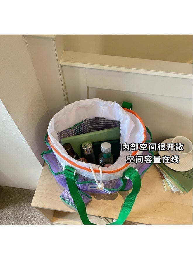 Color-Block Mesh Beach Bag, Large Capacity Travel Swimming Shoulder Tote with Pouch - Image 2