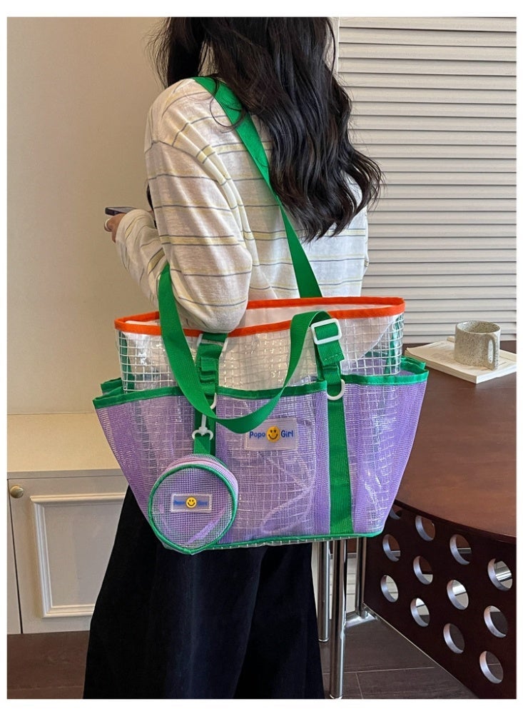 Color-Block Mesh Beach Bag, Large Capacity Travel Swimming Shoulder Tote with Pouch - Image 5