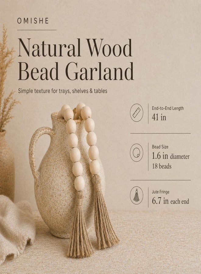 OMISHE Extra Large Wood Bead Garland with 1.6" Diameter Wooden Beads and Tassels, 41" Long Rustic Farmhouse Country Decorative Beads for Home Tiered Tray Decor, Natural Beige - Image 2