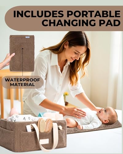 Toodly Baby Diaper Caddy Organizer with Portable Changing Mat Teddy Fleece Diaper Organizer for Changing Table Basket for Changing Essentials Baby Essentials Organizer with Removable Dividers - Image 3