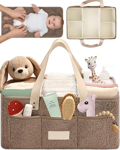 Toodly Baby Diaper Caddy Organizer with Portable Changing Mat Teddy Fleece Diaper Organizer for Changing Table Basket for Changing Essentials Baby Essentials Organizer with Removable Dividers - Image 1