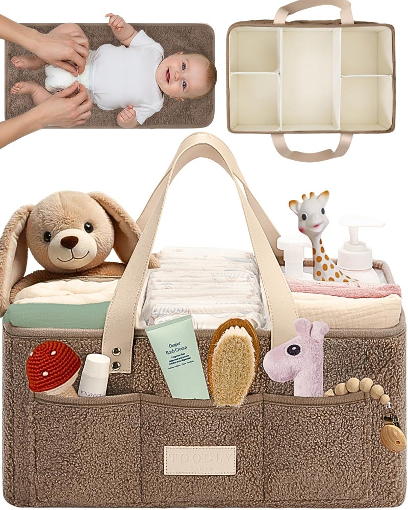 Toodly Baby Diaper Caddy Organizer with Portable Changing Mat Teddy Fleece Diaper Organizer for Changing Table Basket for Changing Essentials Baby Essentials Organizer with Removable Dividers - Image 2