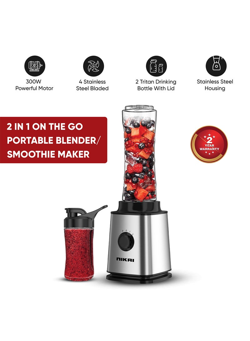 NIKAI 300W Smoothie Maker | 600ml Capacity | Powerful Motor for Smooth Blending | Stainless Steel Blades, BPA-Free Tritan Bottles with Lids | Compact Design, Ideal for Smoothies and Shakes 600 ml 300 W NB202ST Silver/Black - Image 1