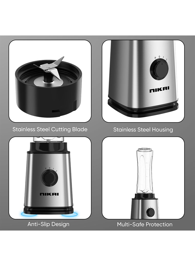 NIKAI 300W Smoothie Maker | 600ml Capacity | Powerful Motor for Smooth Blending | Stainless Steel Blades, BPA-Free Tritan Bottles with Lids | Compact Design, Ideal for Smoothies and Shakes 600 ml 300 W NB202ST Silver/Black - Image 5