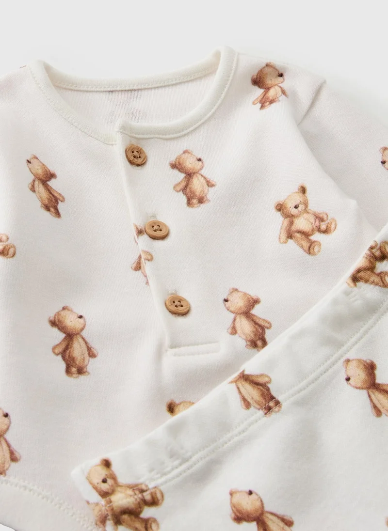 Matalan Baby Cream Patch Teddy Print Bodysuit & Trouser Set